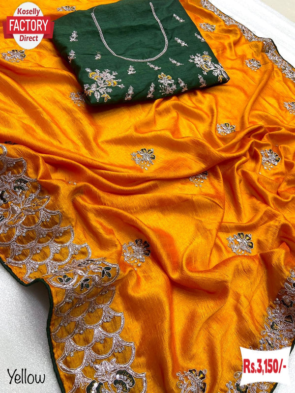 Yellow Vichitra Blooming Silk Partywear Embroidered Saree