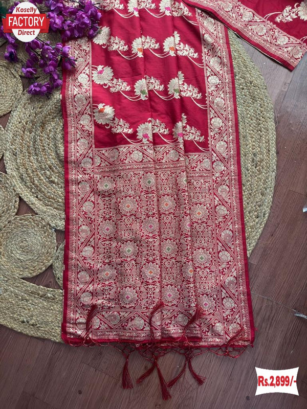 Hot Pink Semi Viscose Banarasi Silk Saree