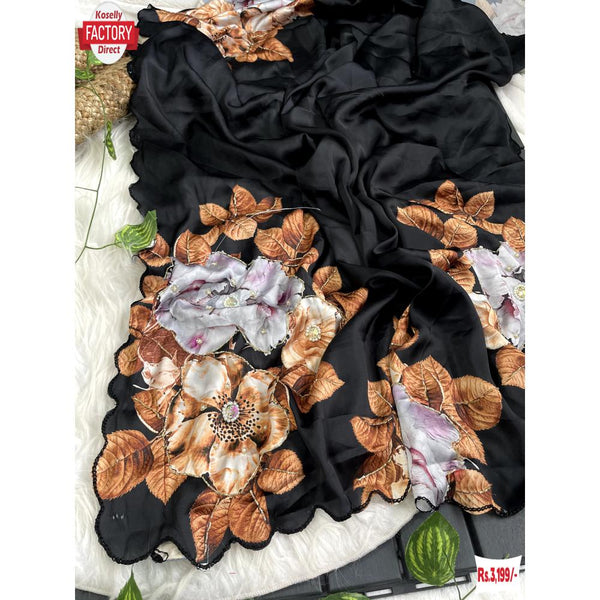 Black Satin Silk Digital Print With Hand Zardosi And Khatli Work Saree