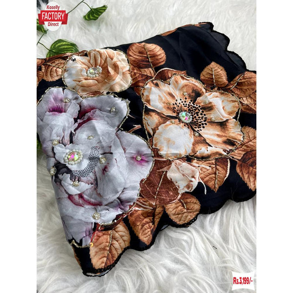 Black Satin Silk Digital Print With Hand Zardosi And Khatli Work Saree