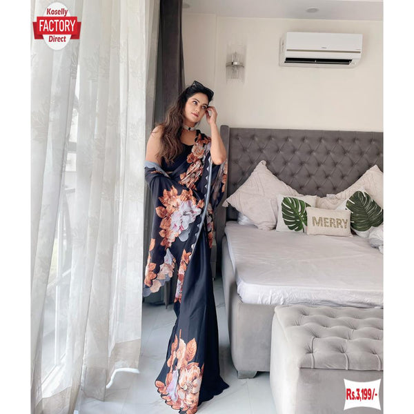 Black Satin Silk Digital Print With Hand Zardosi And Khatli Work Saree