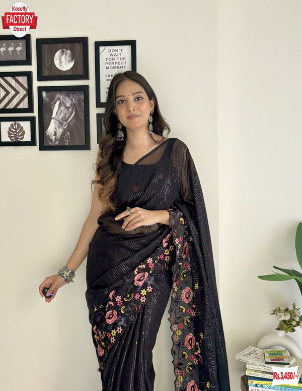 Black Shimmer Silk Multi-Sequins Work Partywear Saree
