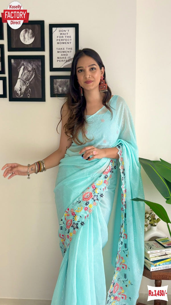 Electric Blue Shimmer Silk Multi-Sequins Work Partywear Saree