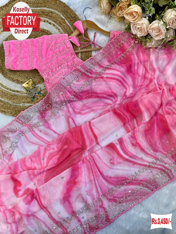 Pink Rangoli Silk Prism Print Partywear Sequins Worked Saree