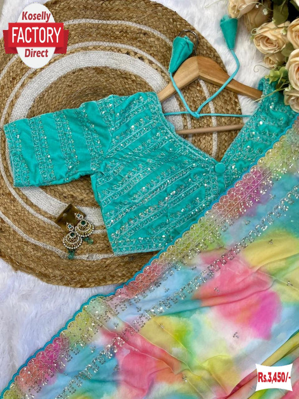 Blue Rangoli Silk Prism Print Partywear Sequins Worked Saree