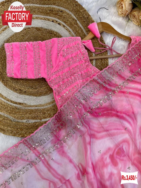 Pink Rangoli Silk Prism Print Partywear Sequins Worked Saree