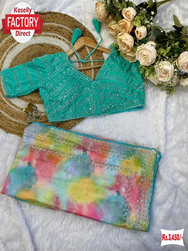 Blue Rangoli Silk Prism Print Partywear Sequins Worked Saree