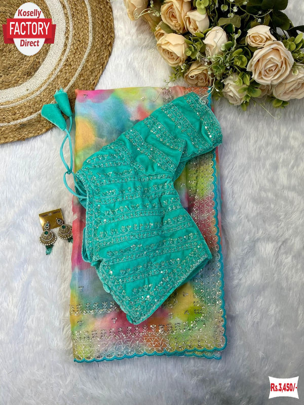 Blue Rangoli Silk Prism Print Partywear Sequins Worked Saree