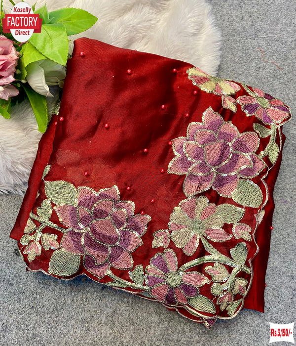 Red Pure Rangoli Silk Embroidered Partywear Saree