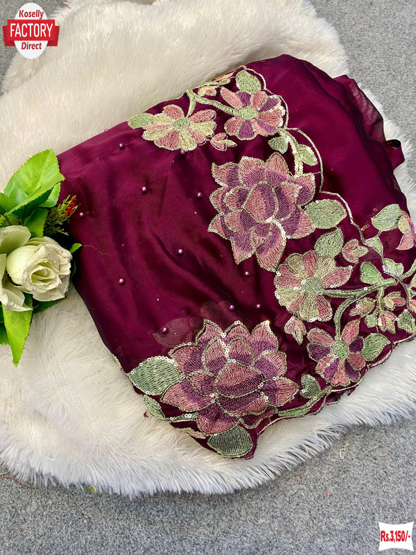 Wine Pure Rangoli Silk Embroidered Partywear Saree