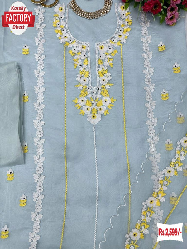 Light Blue Soft Organza Embroidered Kurtha Suruwal Piece