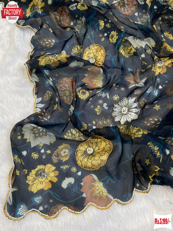 Navy Blue Jimmy Choo Digital Print Saree With Handwork