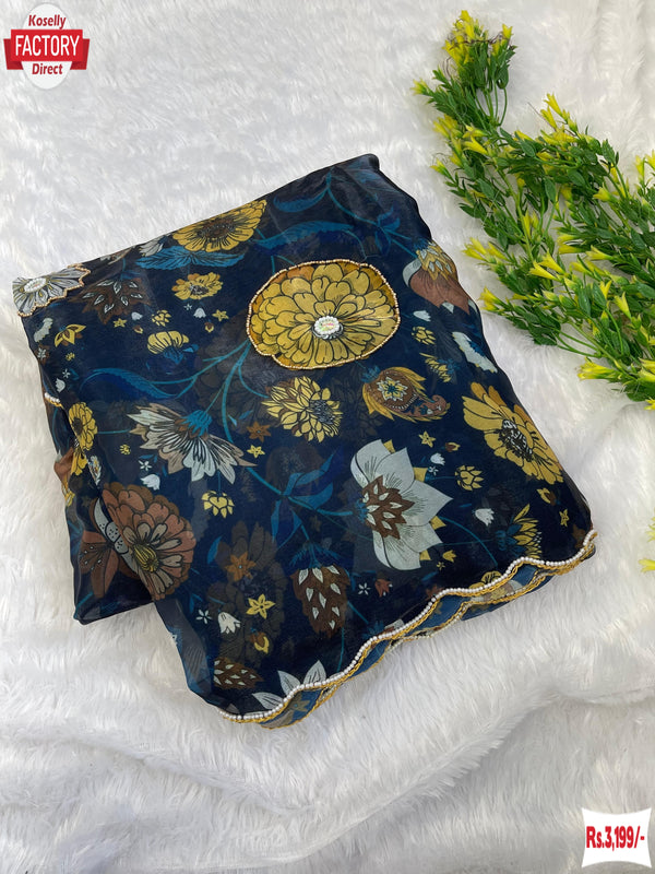 Navy Blue Jimmy Choo Digital Print Saree With Handwork