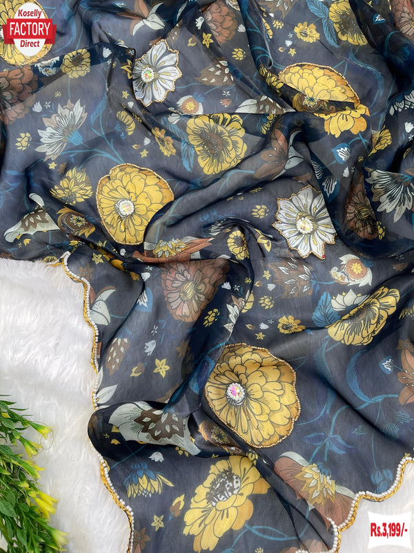 Navy Blue Jimmy Choo Digital Print Saree With Handwork