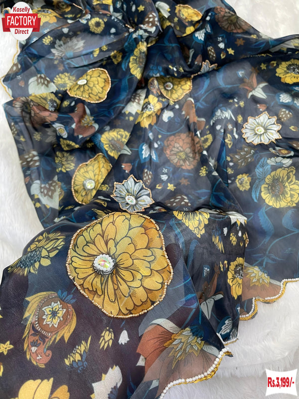 Navy Blue Jimmy Choo Digital Print Saree With Handwork