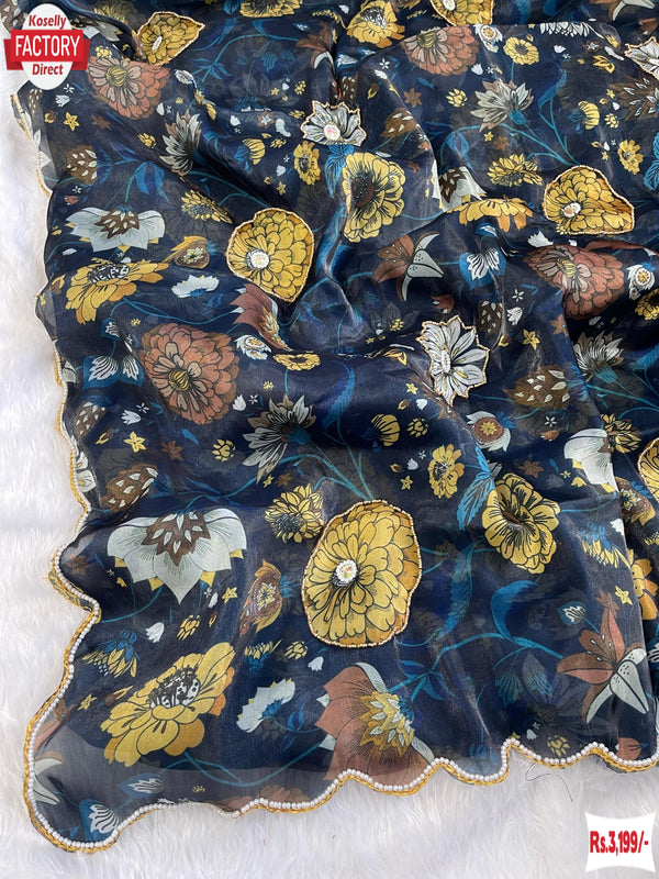 Navy Blue Jimmy Choo Digital Print Saree With Handwork