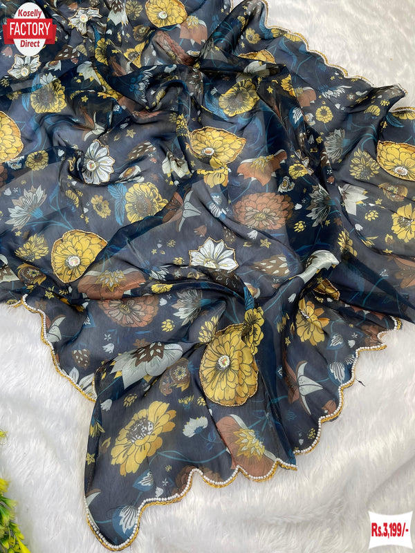 Navy Blue Jimmy Choo Digital Print Saree With Handwork