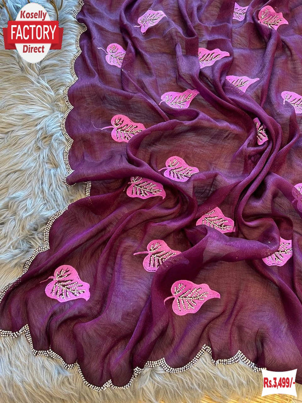 Wine Chiffon Silk Saree With Thread Embroidery Work