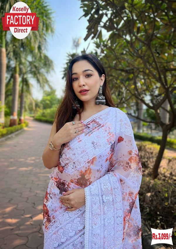 White Organza Chikankari Digital Printed Fancy Saree