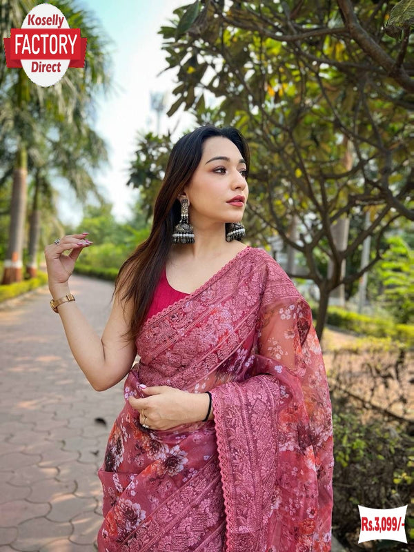 Watermelon Organza Chikankari Digital Printed Fancy Saree