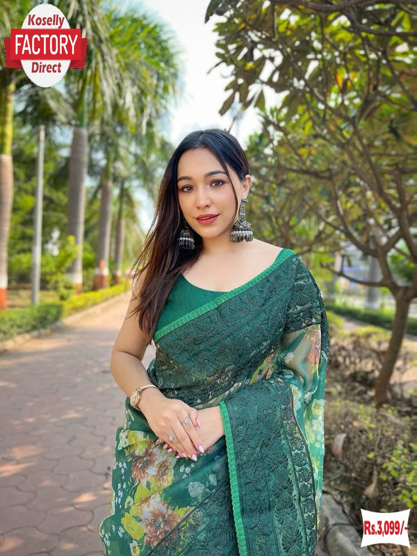 Dark Green Organza Chikankari Digital Printed Fancy Saree