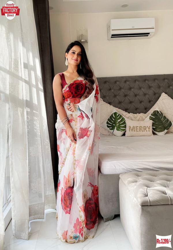 White Floral Pure Organza Saree With Digital Print And Handwork