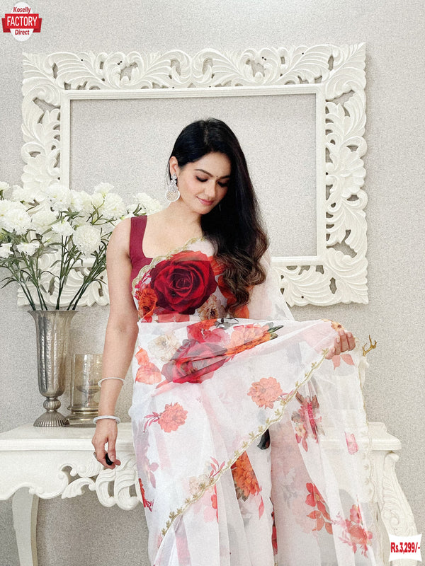 White Floral Pure Organza Saree With Digital Print And Handwork