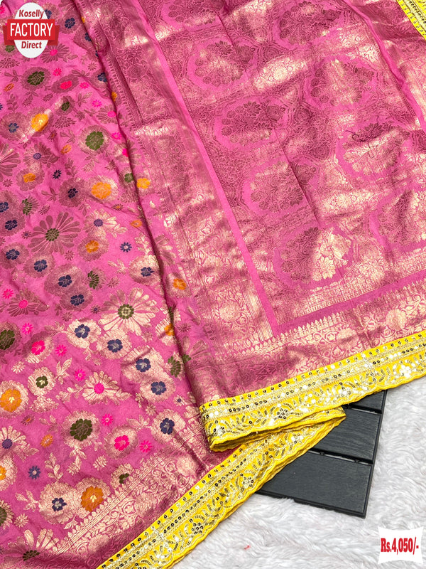 Pink Pure Khadi Crepe Silk Banarasi Rich Zari Saree
