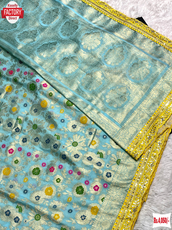 Sea Blue Pure Khadi Crepe Silk Banarasi Rich Zari Saree