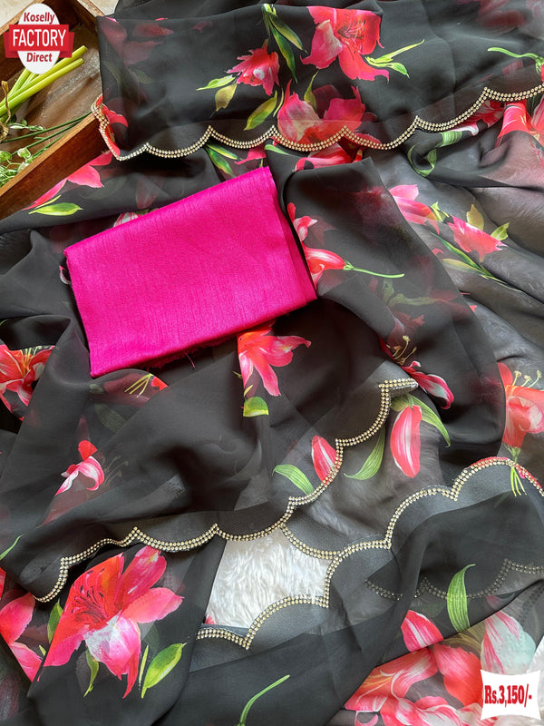 Black Digital Printed Georgette Saree With Stone Work