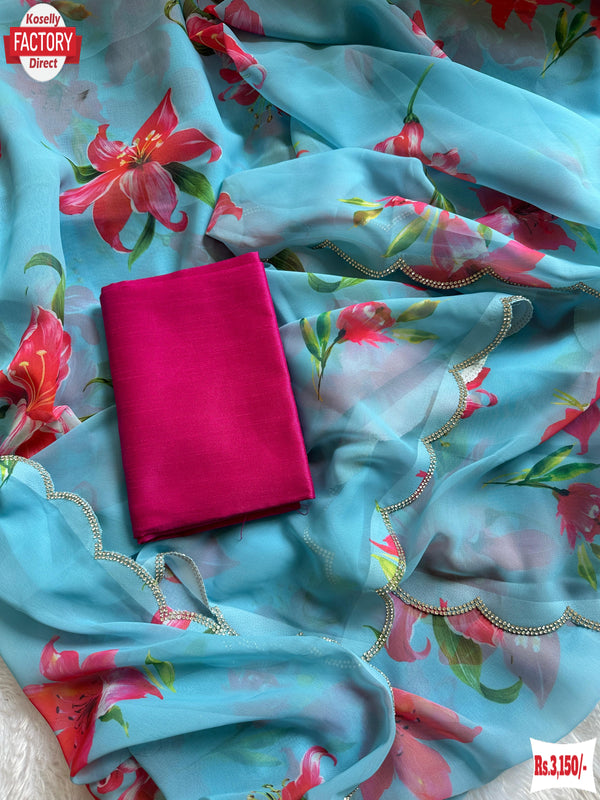 Light Blue Digital Printed Georgette Saree With Stone Work