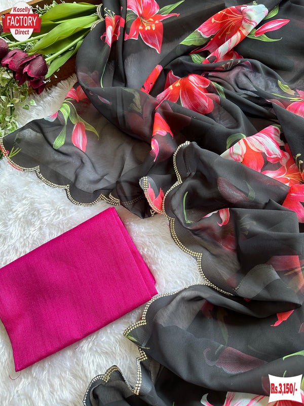 Black Digital Printed Georgette Saree With Stone Work