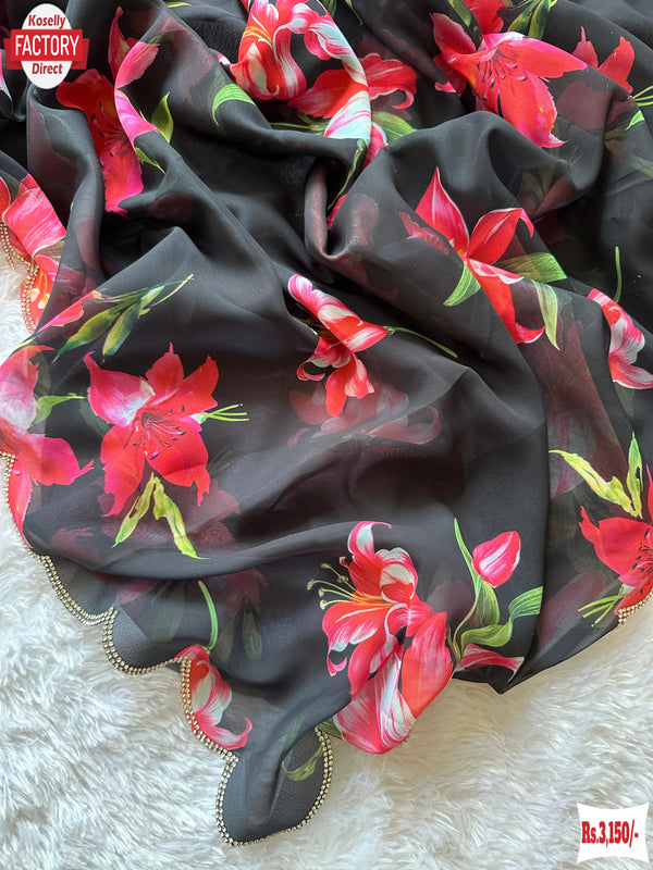 Black Digital Printed Georgette Saree With Stone Work