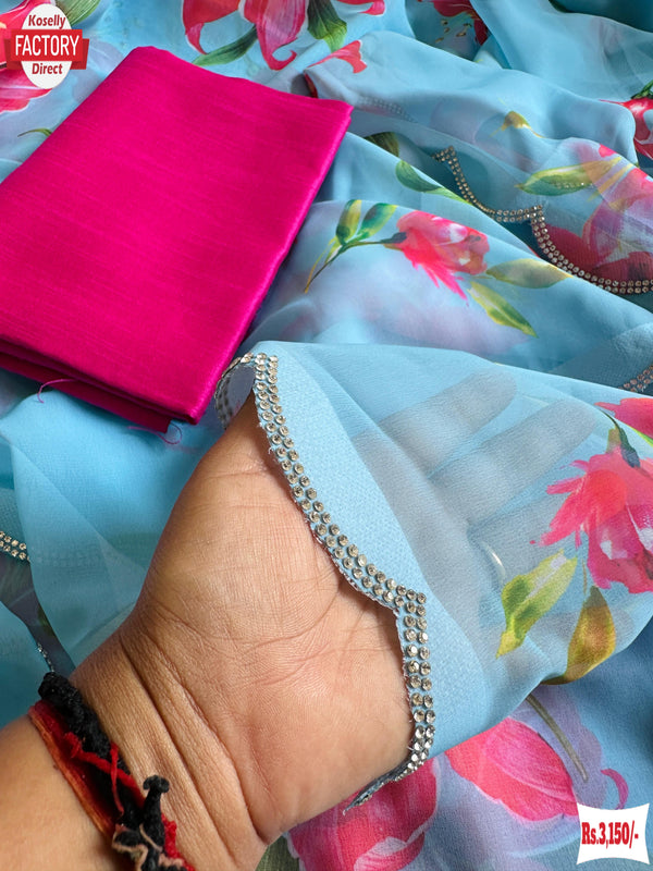 Light Blue Digital Printed Georgette Saree With Stone Work