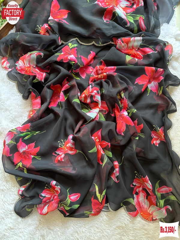 Black Digital Printed Georgette Saree With Stone Work