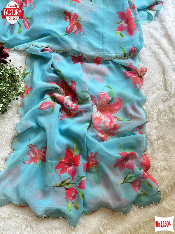 Light Blue Digital Printed Georgette Saree With Stone Work