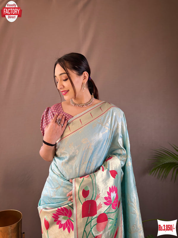 Powder Blue Pure Paithani Silk Banarasi Saree
