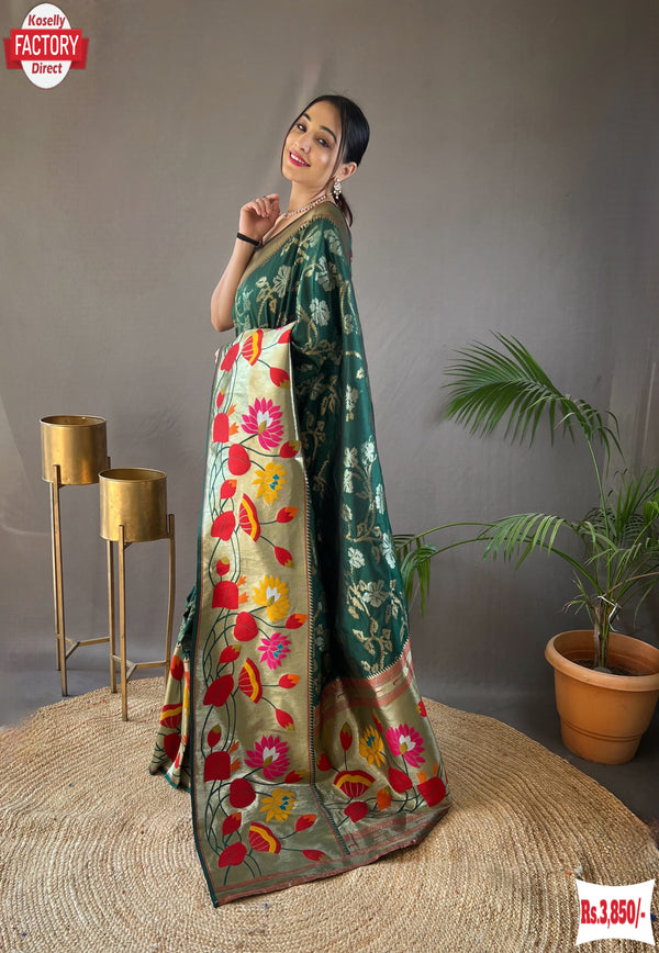 Bottle Green Pure Paithani Silk Banarasi Saree