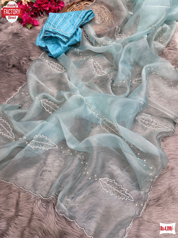 Sky Blue Pure Organza Silk Hand Pearl And Cut-work Designer Saree