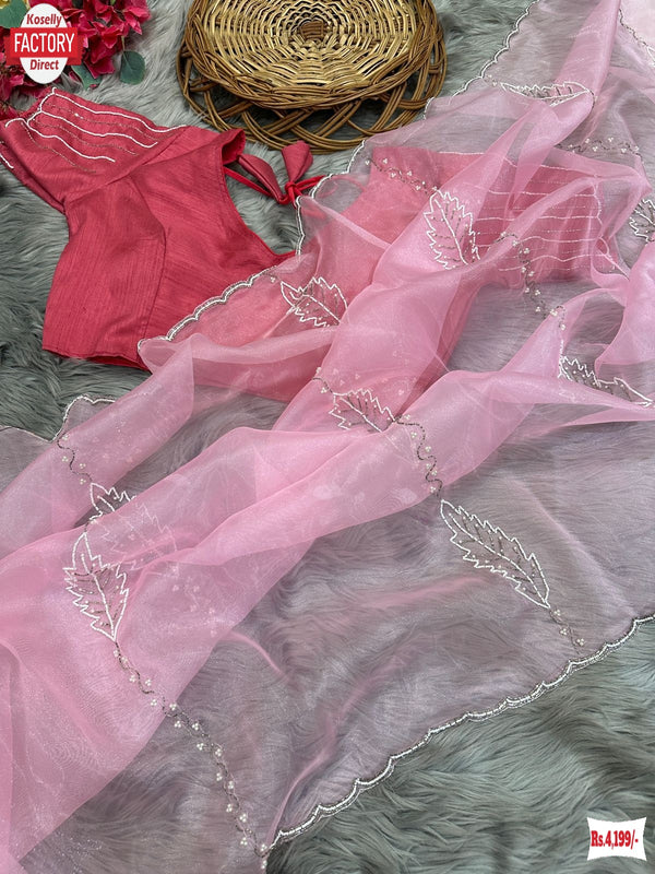 Baby Pink Pure Organza Silk Hand Pearl And Cut-work Designer Saree