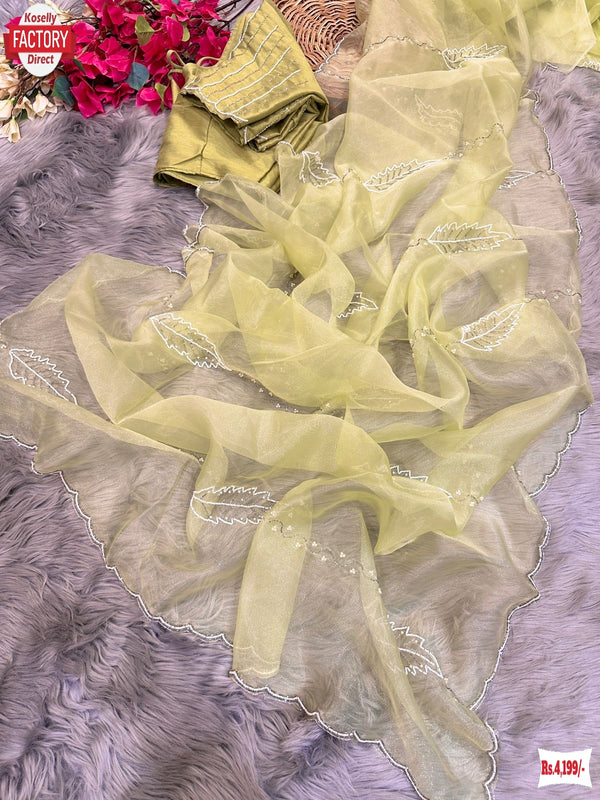 Light Green Pure Organza Silk Hand Pearl And Cut-work Designer Saree