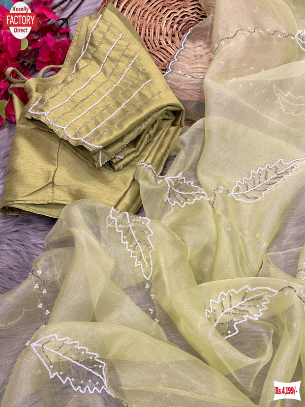 Light Green Pure Organza Silk Hand Pearl And Cut-work Designer Saree