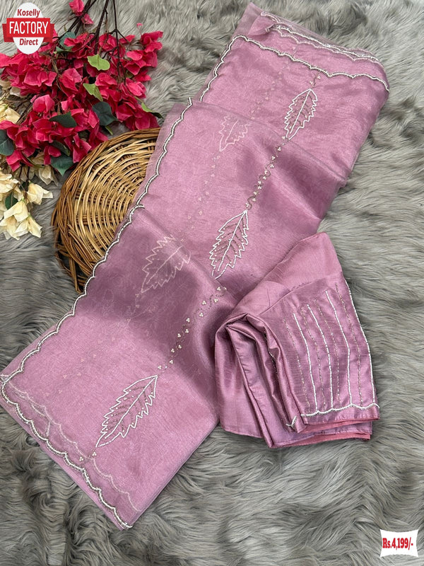 Lavender Pure Organza Silk Hand Pearl And Cut-work Designer Saree