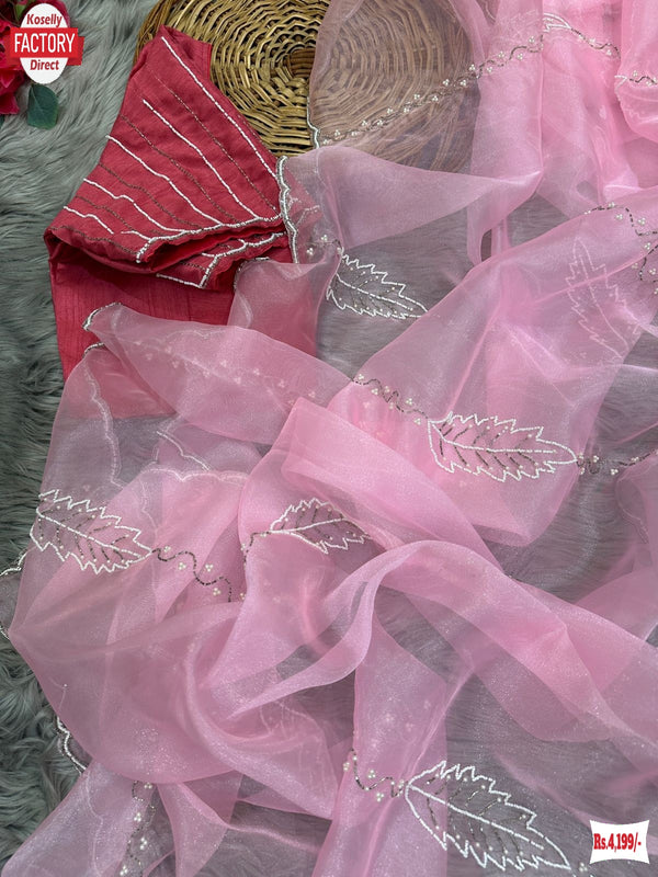 Baby Pink Pure Organza Silk Hand Pearl And Cut-work Designer Saree