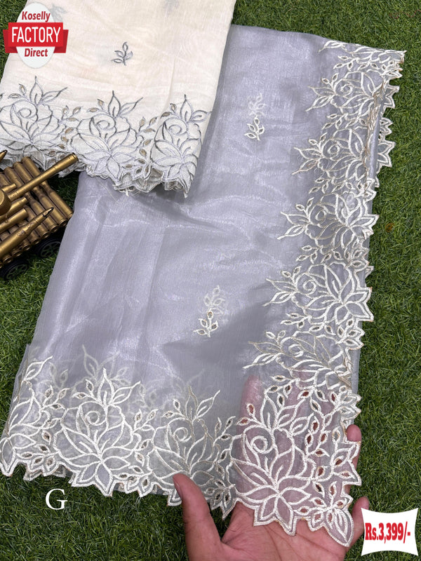 Light Blue Organza Fancy Saree With Embroidery Work