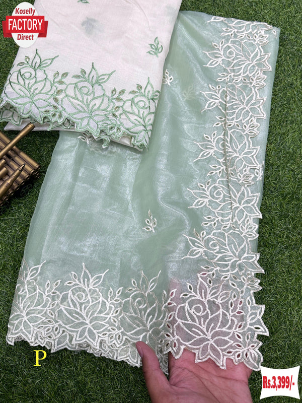 Light Green Organza Fancy Saree With Embroidery Work