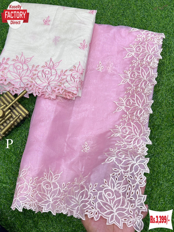 Pink Organza Fancy Saree With Embroidery Work