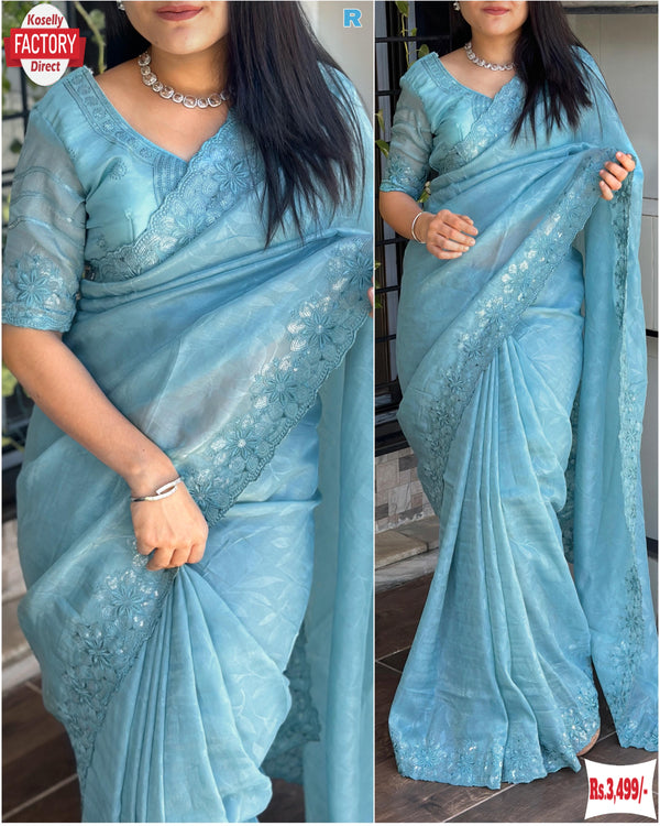 Carolina Blue Silk Fancy Saree With Embroidery Work