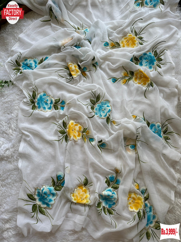 Georgette Hand Work And Hand Painted Saree With Blue Stitched Blouse