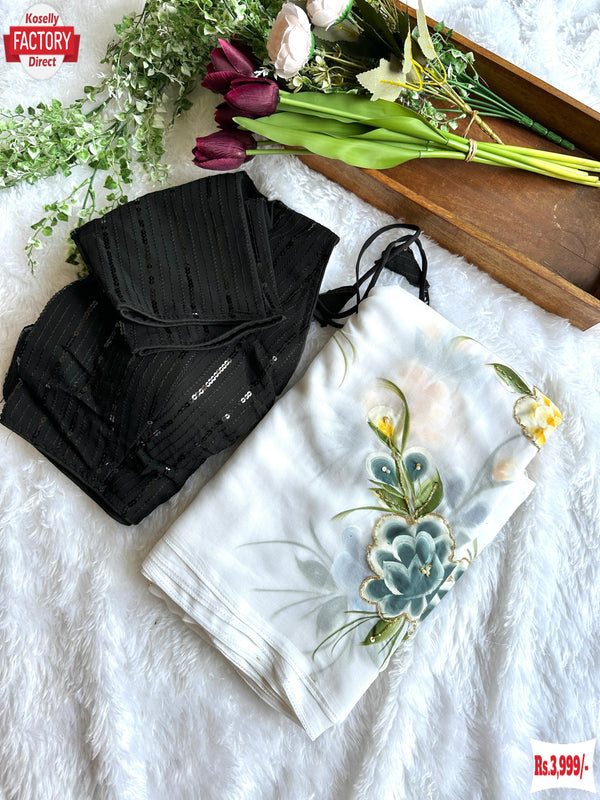 Georgette Hand Work And Hand Painted Saree With Black Stitched Blouse